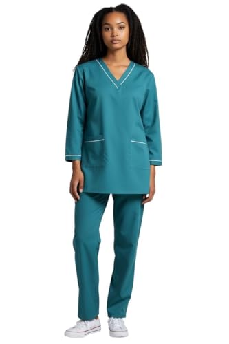 DEEs fashion Professional Scrub Medical Uniform with Piping Housemaid uniform 3/4 Sleeve Top and Pants Set (terquoise M)