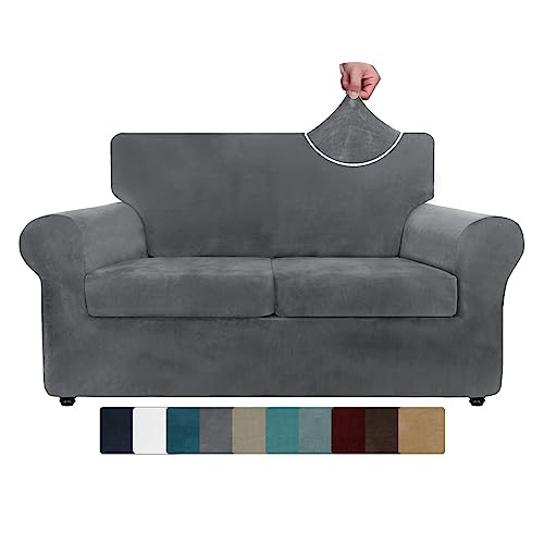 ZNSAYOTX Luxury Velvet Couch Cover 3 Piece Stretch Sofa Covers for 2 Cushion Couch Soft Loveseat Slipcover Living Room Anti Slip Dogs Pet Love Seat Furniture Protector (Grey), 55″-69″(2 Cushions)
