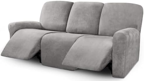ULTICOR Velvet 8-Pieces Recliner Sofa Covers Stretch Reclining Couch Covers for 3 Cushion Reclining Sofa Slipcovers Furniture Covers Thick Soft Washable (3 Seater Recliner Cover, Light Grey)