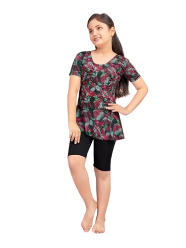 Image of Aarika Girls Sports Wear Blue Colour Leaf Print Nylon Swim Suit