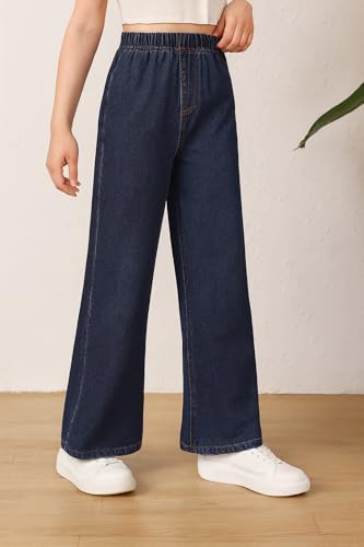Image of ADBUCKS Girl's Stretch Denim Wide Leg Jeans Comfort Fit with Elastic Waistband, Straight Cut, Casual Style for All Seasons, Versatile Clothing