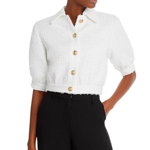 Women's Cropped Tweed Blazer Puff Sleeves Short Sleeve Jacket with Gold Buttons(White,XL)4