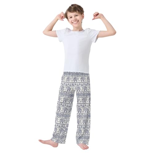ZZXXB Ethnic Elephant Geometry Boys Long Pants Soft Trousers Elastic Waist Kids Lounge Bottoms with Pockets S-XL2