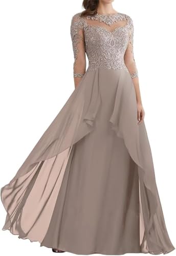 Mother of The Bride Dresses for Wedding Lace Appliques Chiffon Formal Evening Dress with Sleeve He60472