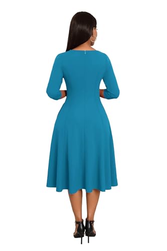 Image of Nmoder Midi Dresses for Women A-Line Fit and Flare Dress 3 /4 Sleeve V Neck Cocktail Wedding Guest Work Dress with Pockets