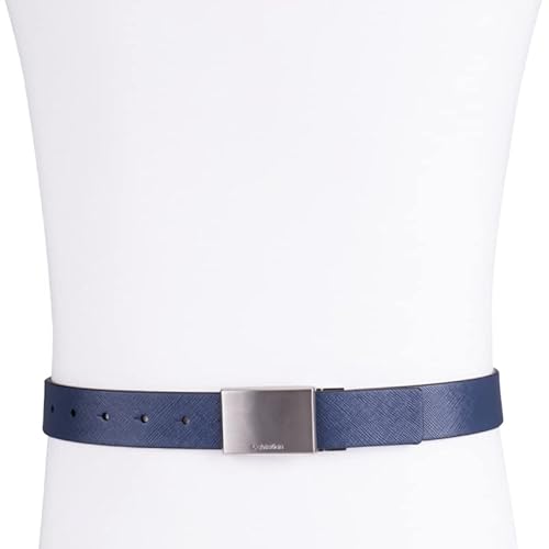 Calvin Klein Cinto masculino clássico com fivela reversível, placa azul/preta, médio (34-36), Placa