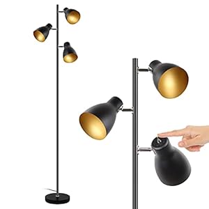 lampadaire vintage, 3 spots orientables,Interrupteur de commande indépendant ,Osasy lampe à pied design rétro, ampoules E14 LED ou halogène, hauteur 168 cm, métal noir doré