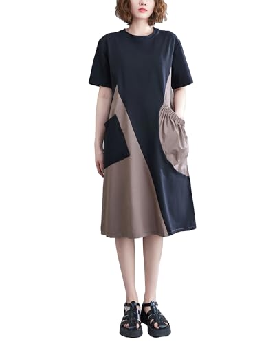 ellazhu Women's Short Sleeves Color Block Patchwork Casual T-Shirt Dress Whith Pockets GA2732 A
