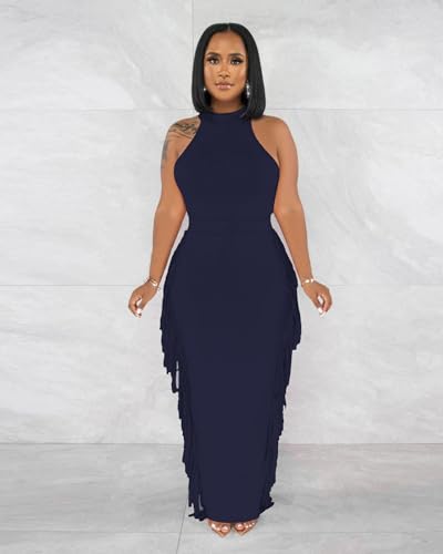 Image of 2 Piece Outfits for Women Sexy Halter Neck Sleeveless Crop Tops Ruched Bodycon Dresses Jumpsuits Fringe Skirt Sets
