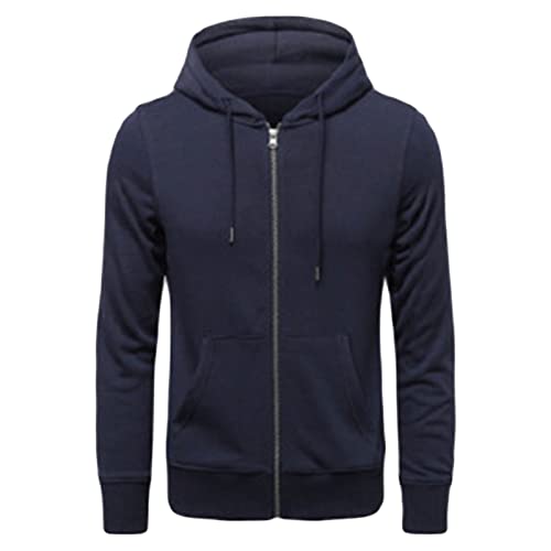 Maiyifu-GJ Men's Full Zip Long Sleeve Hoodies Lightweight Slim Fit Solid Color Hoodie Hooded Sweatshirt With Kanga Pocket (Dark Blue,X-Large)
