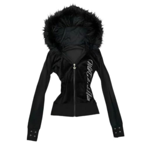 ORANDESIGNE Sweat à Capuche Zippé Vintage Style Années 2000 Adolescentes Sweat-Shirt Grunge Manteau Long Ajusté à Col en Fausse Fourrure J Noir M