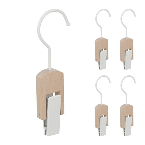 Relaxdays Set de 5 Ganchos para Botas, Hierro y Madera, Colgador Pinzas, Clips Engomados, para Percheros, Blanco/Natural, 19 x 6 x 3 cm