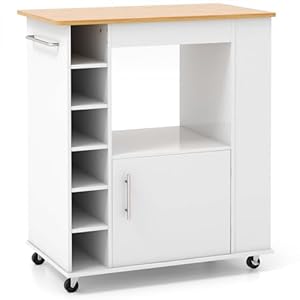 LOKO Mobile Kitchen Island with Storage, Rolling Microwave Cart with Bamboo Top, 6-Bottle Wine Rack, 3 Tier Spice Rack, Kitchen Cart with Towel Rack on Wheels, for Dining Room Coffee Bar, White LOKO Mobile Kitchen Island with Storage Rolling Microwave Cart with Bamboo Top 6 Bottle Wine Rack 3 Tier Spice Rack Kitchen Cart with Towel Rack on Wheels for Dining Room Coffee Bar White