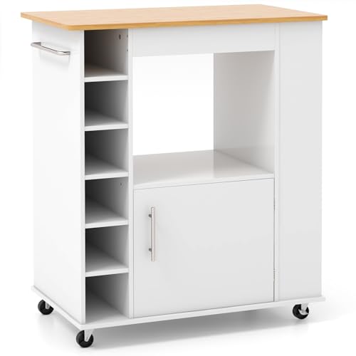 LOKO-Mobile-Kitchen-Island-with-Storage-Rolling-Microwave-Cart-with-Bamboo-Top-6-Bottle-Wine-Rack-3-Tier-Spice-Rack-Kitchen-Cart-with-Towel-Rack-on-Wheels-for-Dining-Room-Coffee-Bar-White LOKO Mobile Kitchen Island with Storage Rolling Microwave Cart with Bamboo Top 6 Bottle Wine Rack 3 Tier Spice Rack Kitchen Cart with Towel Rack on Wheels for Dining Room Coffee Bar White