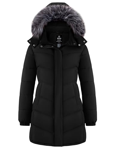 wantdo Women's Mid-Length Hooded Puffer Jacket Warm Outdoor Winter Padded Coat(Black, Medium)