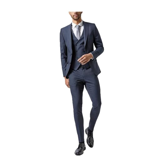 Men Skinny Pinstripe Lapel Two Button Jacket Pant Vest 3 Pieces Suit Set Navy Blue
