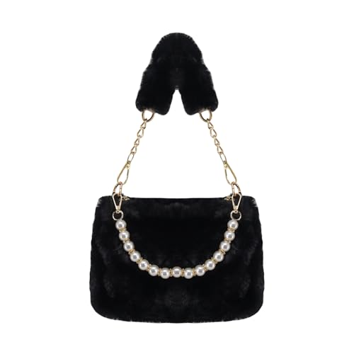 Image of Energather Womens Handbags, Faux Fur Shoulder Bag Furry Crossbody Bags for Women, Square Shaped Cross Body Bags Fuzzy Clutch Bag with Pearl Accessories Fluffy Handbag for Banquet Wedding (black)