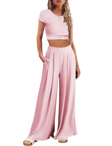 Famulily Tracksuit Set for Women Summer Short Sleeve Crop Top High Waist Long Loungewear Set Pink XL