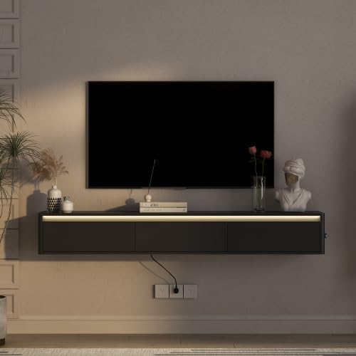 Ferand Floating TV Stand Wall Mounted with LED Lights & Power Outlet, Modern Wall TV Shelf with Storage & USB Charging Ports, Black Finish Space-Saving Media Console for Living Room