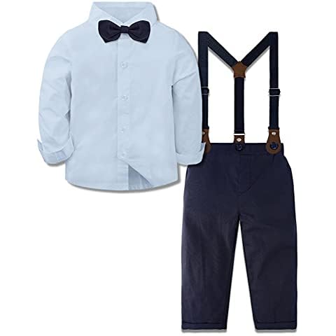 mintgreen Baby Boy Wedding Outfits, 4pcs Toddler Birthday Suit Long Sleeve Solid Shirts + Trousers + Suspenders + Bowtie, Blue, 2-3 Years Cover