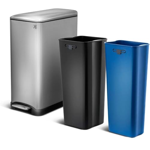 KITCHEN MOVE Poubelle de cuisine à pédale tri sélectif recyclage 50L(30L+20L) EDGE en acier Inox brossé avec seau