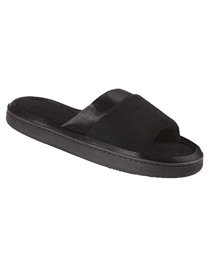 isotoner Women's Soft Microterry Wider Width Slide Slippers, with Satin Trim and Comfort Footbed