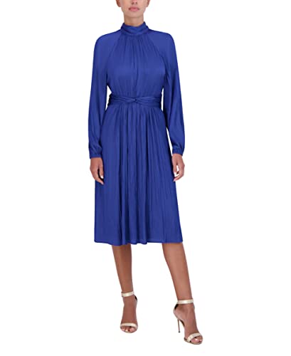 Bcbgmaxazria Women's Fit And Flare Midi Dress Long Raglan Sleeve Mock Neck Twist Knot Smocked Back, Blue, 12 #TOP1