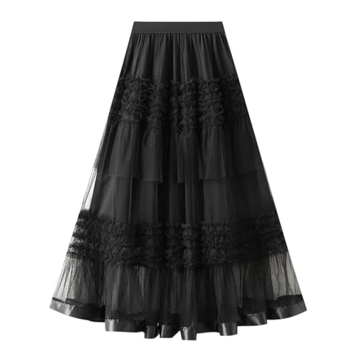 Women's High Waist Pleated Mesh Maxi Skirt Loose Fit Floor Length Cake Skirt Vintage Style Chic Fashion Skirt