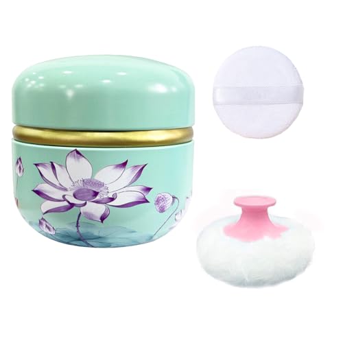 Qopoto Body Powder Puff and Container for Dusting Powder, Women Powder Puff and Powder Case for Bath and Travel (Lotus Green)