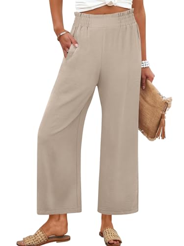 ANRABESS Womens Wide Leg Palazzo Pants Summer Beach High Waisted Cropped Flowy Pants 2026 Dressy Casual Trousers with Pockets Parchment Large