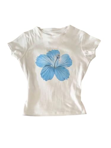 Girl's Floral Hibiscus Graphic Tees Y2K Short Sleeve Crew Neck Casual Summer Tight Shirt