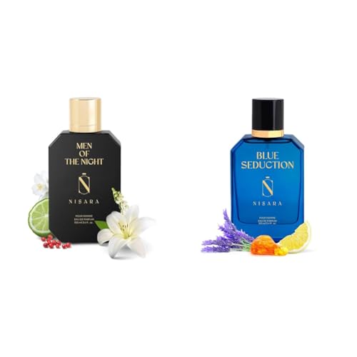 Nisara Blue Seduction & Men Of The Night Perfume Combo For Men (Pack of 2 * 100 ml) | Aqua-Fresh Aromatic Fougre Woody Chypre Musky Fragrance | with Jasmine, Amber, Musk, Lavender & Patchouli Notes.