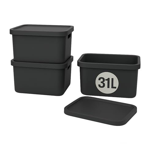 Plastard Aufbewahrungsboxen mit Deckel 31 L, 3er-Set, Anthrazit, BPA-frei, Stapelbar, Ordnungsbox für Küche, Bad, Büro, Kinderzimmer, Regale – Robuste Kunststoffbox, Kleiderbox