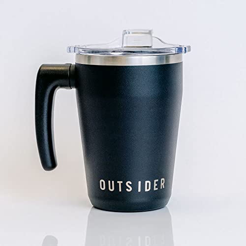 OUTSIDER Stainless Steel Vacuum Insulated Coffee Mug/Cup with Rotating Handle and Spill Proof Lid – Great Travel Tumbler for Outdoor, Home, Office – 17 ounces, Black