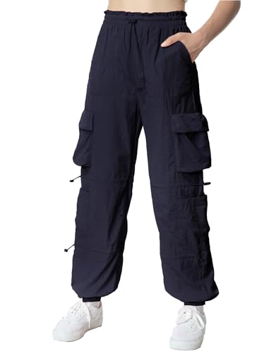 Image of EXARUS Girls Parachute Pants Cargo Hip Hop Wide Leg Baggy Y2K Teen | Tween Casual School Dance Streetwear with Pockets Elastic Waist Youth Junior Kids Bottoms Hiking 8-14Y
