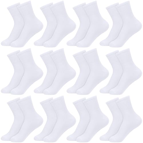 KOOOGEAR 12 Pairs Kids Socks Boys Girls White Black Cotton School Sports Socks, Breathable Stretchy Athletic Crew Socks for Children 6-12 Years