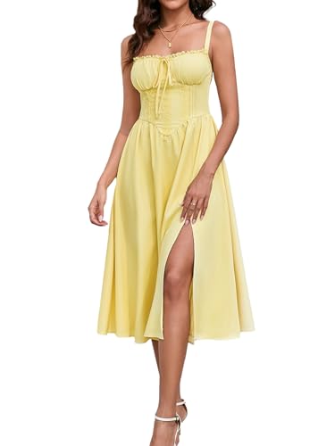Image of EYNMIN Women's Summer Casual Midi Dress Smocked Sleeveless Flowy Slit A Line Beach Sundresses