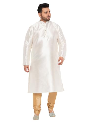 Image of Vastramay Plus Men's White Silk Blend Kurta Pyjama Set VPLUSMKWH001nPBL 44 | Independence Day