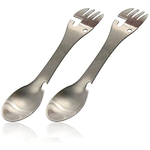 PWPAM 5 in 1 Stainless Steel Outdoor Cutlery - Spoon Fork Knife Bottle Can Opener for Camping Hiking Travel Multi-Purpose Cutlery (2 Pack) Cover