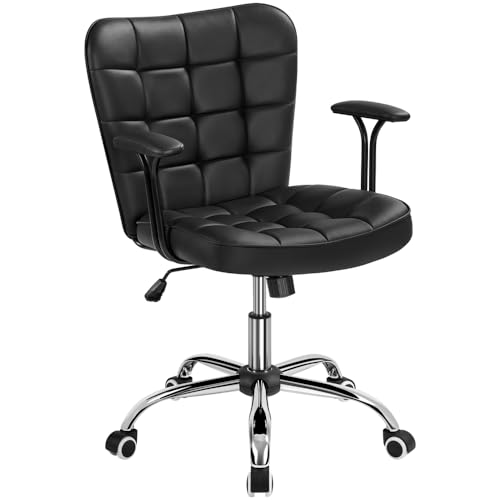 Yaheetech Silla de Oficina con Reposabrazo Silla Oficina Tapizada de Cuero PU Silla con Ruedas Silla Ergonomica Base Metal Negra