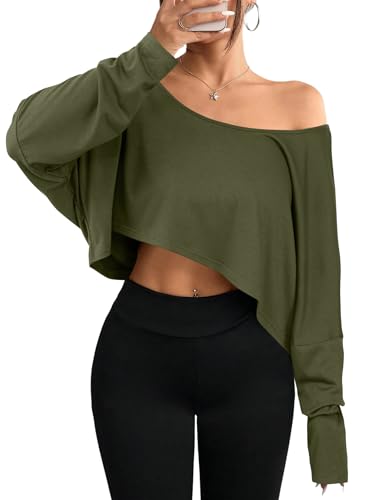 Hilinker Women's Sexy Boat Neck Casual Loose T Shirt Long Sleeve Off Shoulder Crop Tops