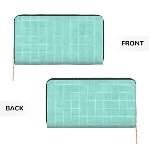 Mint Green Hand Drawn Grid Print Wallet Women Men, Long PU Leather Wallets for Women, Cute Womens Travel Wallet Purse Pouch with Zipper Pocket2
