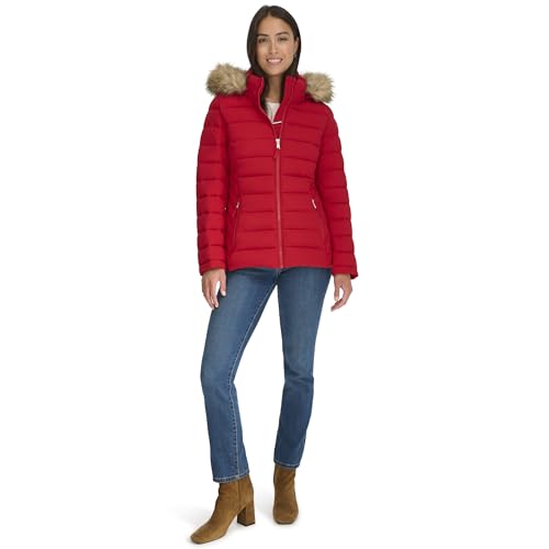 Tommy Hilfiger Women's Faux Fur Trimmed Short Puffer Crimson Large