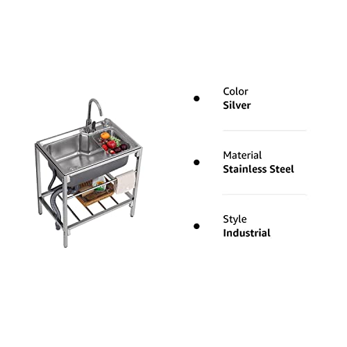 Stainless Steel Utility Sink Free Standing Single Bowl Commercial Restaurant Kitchen Sink W/ Storage Shelve Laundry Tub For Indoor Outdoor Garage Backyard 27.9X18.5In 1 #TOP7