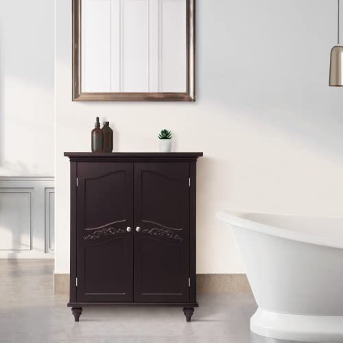 Elegant Home Fashions Versailles Freestanding Floor Cabinet Wooden Bathroom Kitchen Storage With 2 Floral Scroll Doors 2 Adjustable Shelves, Dark Espresso #TOP1