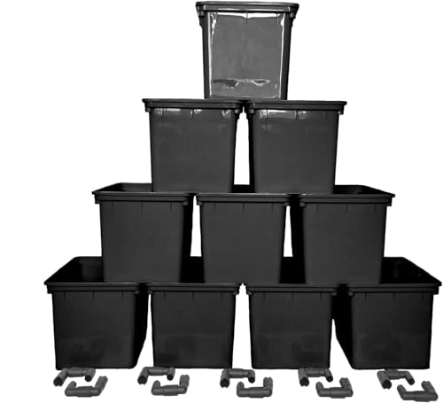 10-Pack Dutch Bucket Hydroponic System – Bato Buckets with Siphon Elbows – 11L (12" x 10" x 9") - Tan or Black (Black)