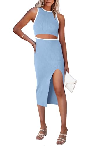 Image of PRETTYGARDEN Women's Summer Midi Bodycon Dresses Casual Crew Neck Side Slit Sleeveless Knit Cut Out Tank Top Dress