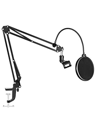 Image of Microphone Stand with Suspension Boom Scissor Arm /Mic Stand Holder /Studio Stand /Adjustable Suspension Boom Scissor /Arm for Voice-over /Gaming /Recording (Pop Filter With Mic Stand, Black)