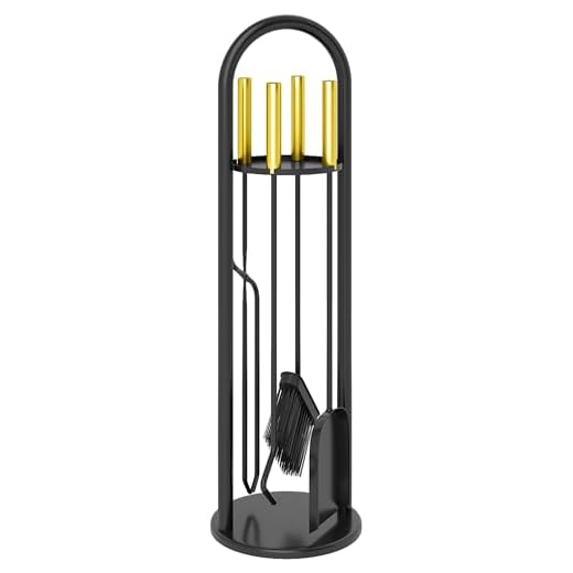 Outsunny Juego Utensilios Chimenea de 5 Piezas, Juego de Accesorios para Chimenea de Metal con Escoba, Pala, 1 Par de Tenazas, Atizador y Soporte, 20x20x71 cm, Negro y Dorado