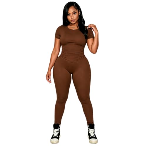 ZCC Women Matching Set High Waist Leggings Brown